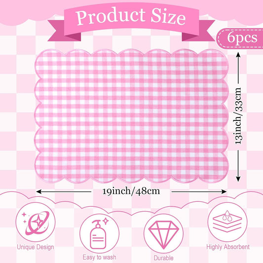 SmoothNovelty 6 Pcs Gingham Linen Placemats 13 x 19 Inch Check Plaid Table Mat Buffalo Plaid Washable Scalloped Wavy Embroidery Placemat for Spring Dining Tables Tea Party(Pink)