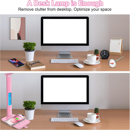 Desk Lamp with Wireless Charger,USB Charging Port, Dimmable Office Desk Light with Clock, Alarm, Date, Temperature, Foldable Lamp for Table Bedroom Bedside Office (Pink, Standard Size-13.3 inch)