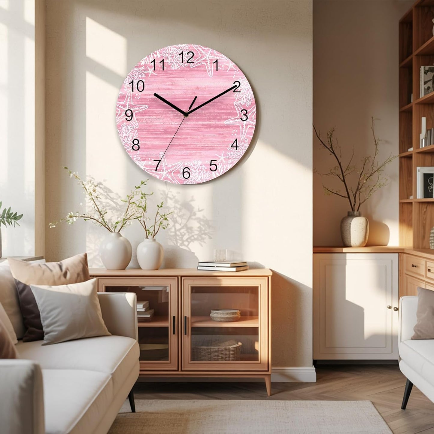 Ocean Wall Clock Battery Operated Non-Ticking 10" Round Wood Clocks, Starfish Seashell Coral Marine Life Pink Kitchen Wall Clock for School Bathroom Living Room Home Office Wall Decor