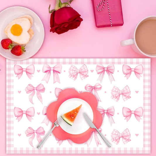 Pink Bow Theme Place Mats Set of 4, Bow Theme Home Decor, Non-Slip Linen Washable Reusable Table Mats for Indoor Outdoor Kitchen Dining Table Home Decorations 12 x 18 Inches