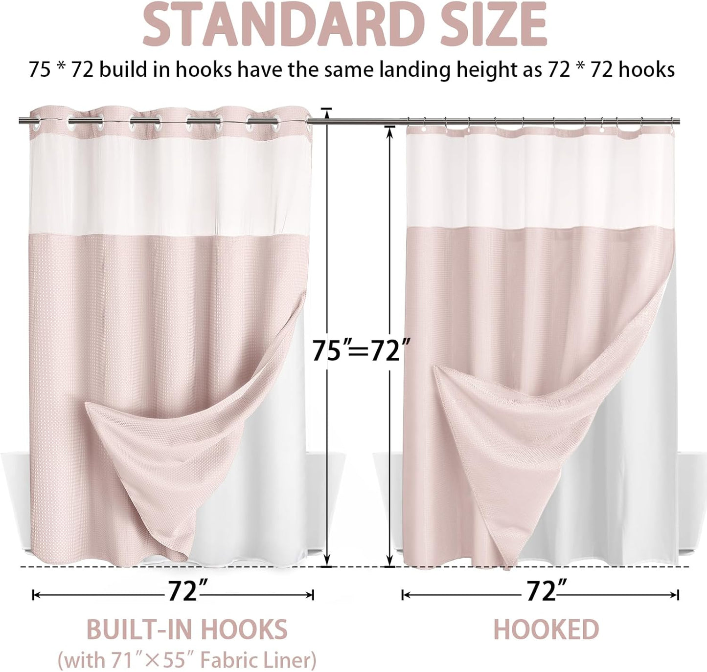 No Hook Shower Curtain and Liner Set,Blush Pink Hotel Waffle Shower Curtain with Liner 75" L x 72" W