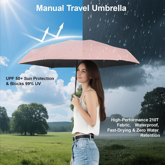 Compact Travel Umbrella - Mini Manual Umbrella for Purse, Windproof & UPF 50+ Sun & Rain Protection, Lightweight Portable Folding with Case for Women, Men,Kids