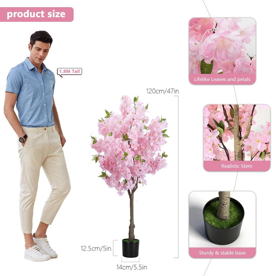 4FT Artificial Cherry Blossom Tree, Fake Pink Sakura Tree, Realistic Faux Blossom Tree for Indoor Outdoor Decor, Wedding Party Garden Home Office Decoration