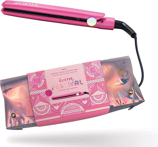 Glister Mini Travel Items with Carrying Pouch, Salon-Grade Travel Flat Iron, Curler, Flat Iron, Curling Wand, for Normal, Thin, Dry, and Frizzy Hair, Holiday Gift for Girls or Guys (Orange & Pink)