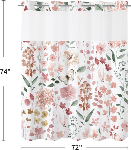 Litabel No Hook Pink Watercolor Floral Shower Curtain and Liner Set, Spring Flower Shower Curtains with Snap in Liner for Farmhouse Bathroom Decor, Botanical Bathroom Curtain with Leaves, 72x74