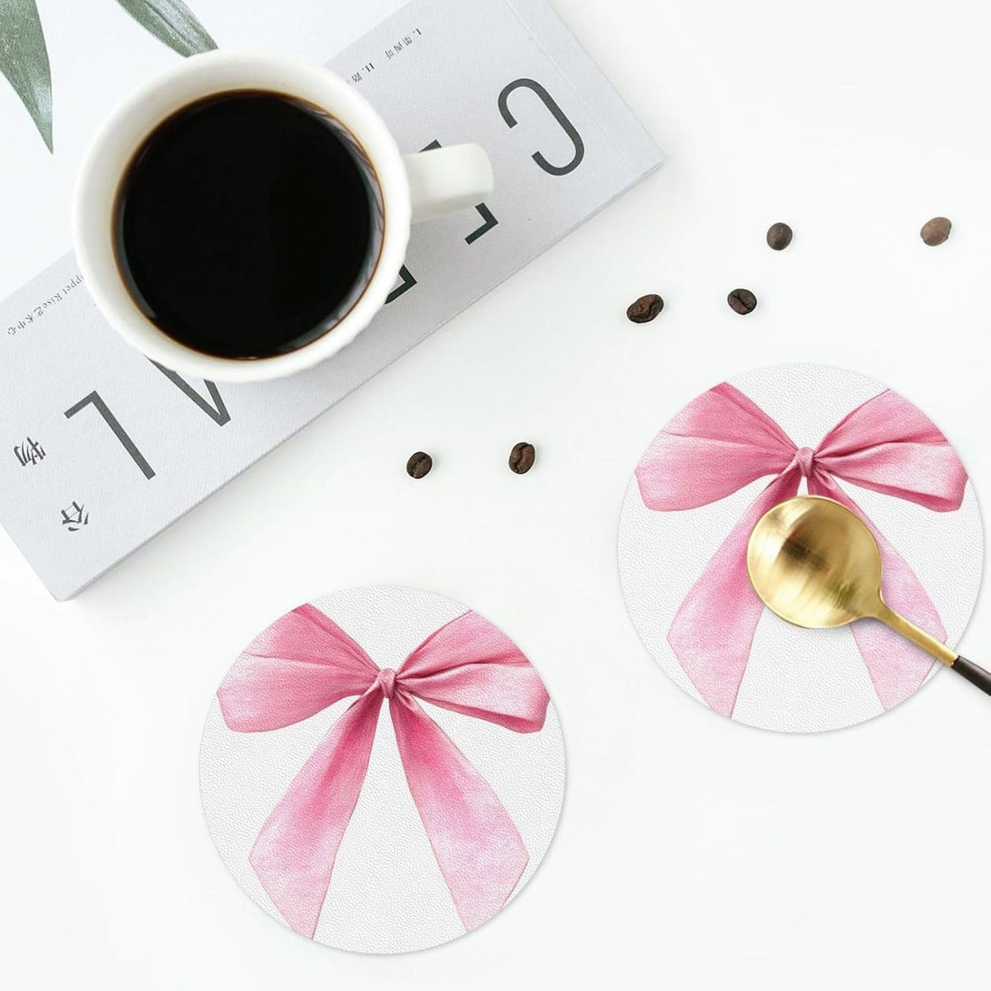 Watercolor Light Pink Coquette Bow Drinks Coasters Set of 4 Leather Drink Coasters for Tabletop Protection Heat Resistant Bar Cup Mat Pad