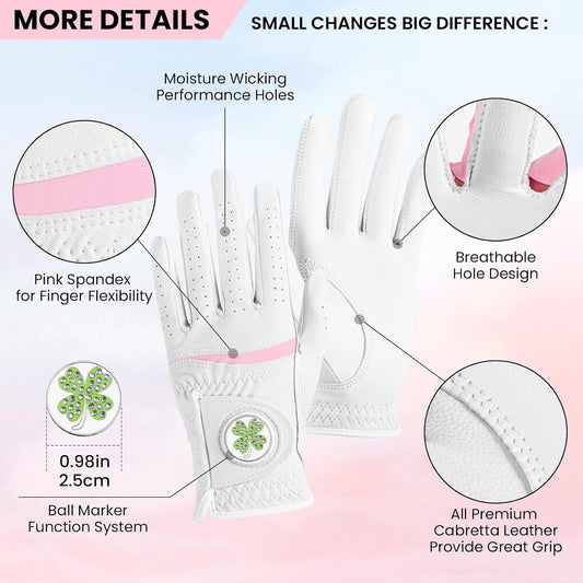 FINGER TEN Womens Golf Glove with Clover Ball Marker 1 Pack, All Weather Grip Microfiber & Leather Gloves for Ladies, Comfortable Breathable Fit for Left Hand or Right Hand in White Pink
