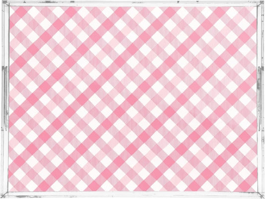 Pink Gingham Serving Tray 12" x 16" Acrylic Trays with Handles Decorative Serving Platter for Coffee, Breakfast in Bed, Dinner, Appetizers, Patio, Party