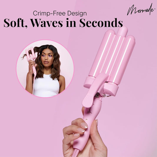 Mermade PRO Hair Waver 1" - 3 Barrel Curling Iron 1 Inch, Ceramic Barrel Waver Tool for Thick, Thin, Long, or Short Hair - 1", Pink with Glove
