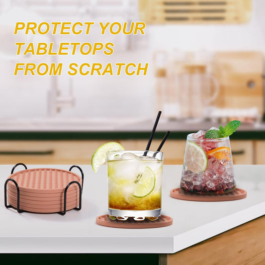 Silicone Drink Coaster Set of 6 with Holder, Non-Slip Coasters for Any Type Tabletop Protection, Dishwasher Safe Coasters for Drinks Fits All Glass Sizes (Pink)