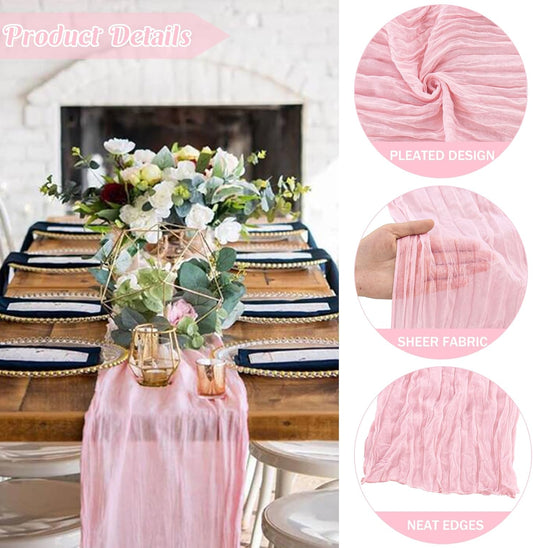 Pink 10FT Cheesecloth Table Runner Boho Gauze Fabric Table Runner Rustic Sheer Runner for Wedding Bridal Baby Shower Birthday Party Boho Table Decor(1 Pack Pink)