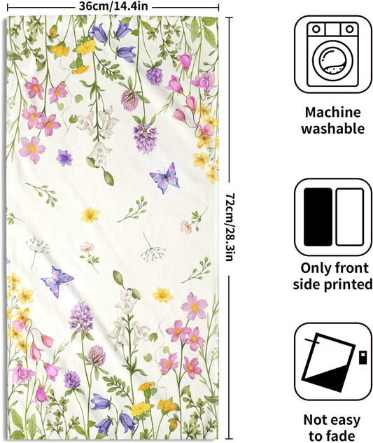Spring Green Floral and Butterfly Hand Bath Towel Set of 2 Soft Absorbent Wildflower Flowers Print Dishtowel Pink Purple Flowers Tea Towels Cooking Wash Cloth for Kitchen Bar Gym Spa Decor 14x28 Inch