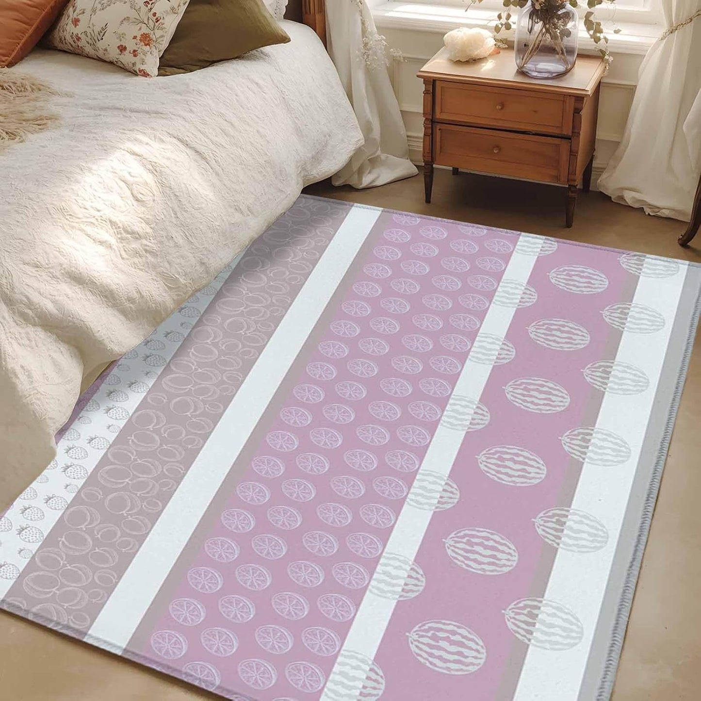 Area Rug 3'x5', Farm Fruits Non-Slip Runner Rug Carpet for Bedside, Watermelon Lemons Peach Pink Grey Striped Washable Outdoor Indoor Area Rugs Mat for Entryway/Living Room/Bedroom/Kitchen/Office