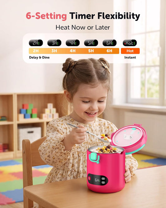 EAST OAK Heated Lunch Box for Kids, 13oz Cordless Electric Lunch Box with Temp Settings & Timer, Portable Food Warmer, 304 Insulated Food Container & Jar, BPA-Free for Early School(Pink)