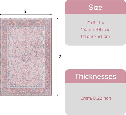 Bavni Small Throw 2x3 Rug, Washable Vintage Floral Non Slip Cute Area Rug for Entryway,Kitchen or Bathroom, Low Pile Carpet, Pink