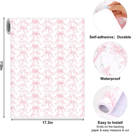 JarThenaAMCS Pink Bow Floral Shelf Liner Self Adhesive Vintage Bow Flower Drawer Liner Pink White Peel and Stick Wallpaper for Valentine Home Wall Cabinet Table Decoration, 17.3 x 118 Inch