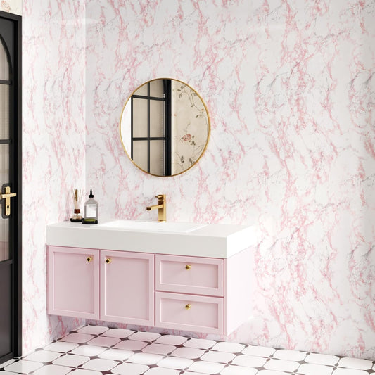 Glossy Pink White Marble Vinyl Countertop Contact Paper Peel and Stick Pink Marble Sticker Countertop Wallpaper for Bathroom Kitchen Cabinet Vinyl Wrap Wallpaper for Furniture 15.7×118''
