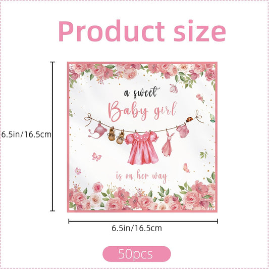 50PCS Baby Shower Napkins Decoration,A Sweet Baby girl Is On The Way Babi Shower Decoration,Watercolor Greenery girls Babys Paper Napkins for girl’s Gender Reveal Party Decoration (Pink)
