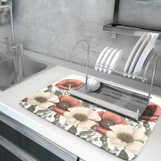 Floral Dish Drying Mat for Kitchen Counter 24x18 Inch Beige Pink Big Flower Drying Mat with Absorbent Reversible Microfiber Season Spring Dish Drainer Mats Rack Pad for Coffee Countertop Protector