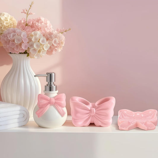 Pink Bow Ceramic Bathroom Accessories Set 3 Pcs for Countertop, Soap Dispenser, Toothbrush Holder, Soap Holder, Bathroom Sink Decor for Modern Home Decor
