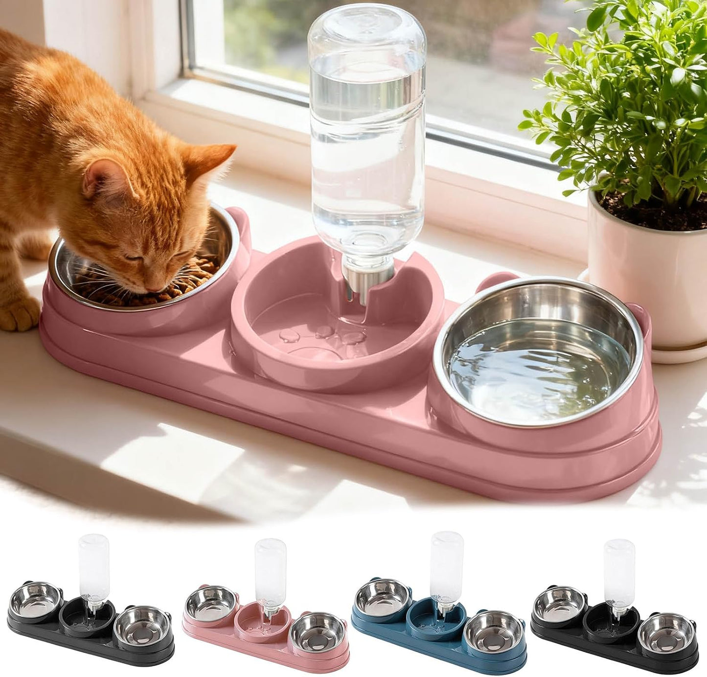 3 in 1 Cat Bowls Pet Feeder with Water Dispenser, 15° Raised Cat Dish Food and Water Bowls Set for Wet/Dry Food, Triple Pet Feeding Station for Rabbit Kitten Bunny (Pink)