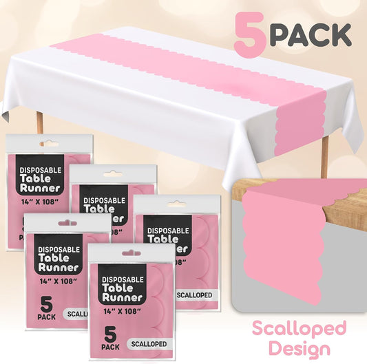Light Pink Plastic Disposable Table Runner. 5 Pack 14 x 108 inch. Scallop Table Runner Adds A Pop of Color to Your Party Table, by Swanoo