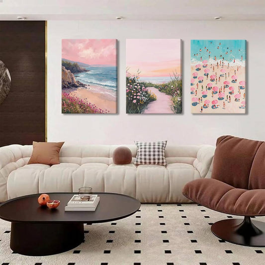 Myzoran 3Pcs Pastel Coastal Wall Art Pink Beach Blue Ocean Wildflowers Pictures Wall Decor Watercolor Beachy Preppy Posters Canvas Print Artwork for Beach House Bedroom Dorm Apartment-12x16in x3