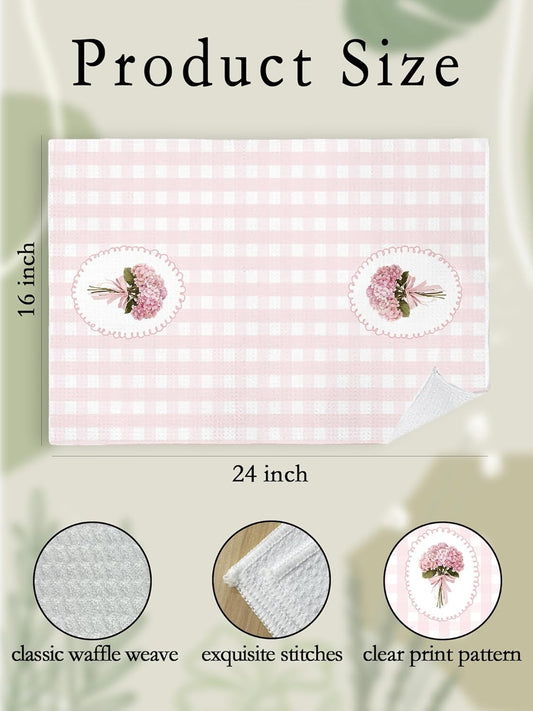Pink Coquette Bow Hydrangea Floral Plaid Kitchen Towels, Cottagecore Botanical Flower Hand Towels for Bathroom, Preppy Girly Pink Checkered Decorative Dish Tea Towel Dishcloth, 16x24 Inch 619