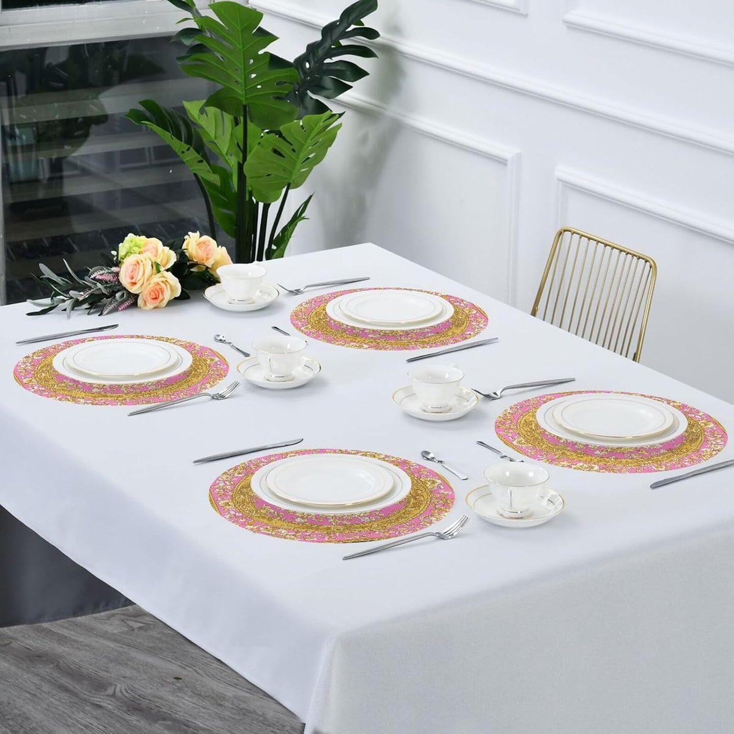 Retro Flower Pattern Gold and Peach Round placemats Cloth Reusable Place mats Washable placemats for Dining Table placemats for Dining Table Farmhouse placemats Heat Resistant Waterproof