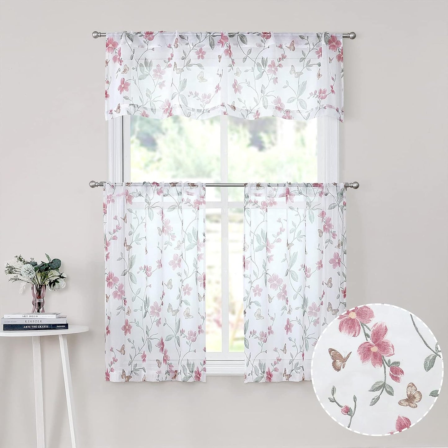 Tollpiz Sheer Floral Curtain Valance Pink Flower Butterfly Printed Bedroom Curtain Valances Rod Pocket Voile Faux Linen Window Valance Curtains for Living Room, 54 x 16 inches Long, Set of 1 Panel