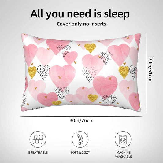 Silk Like Pillowcase for Hair and Skin Pink Watercolor Hearts 1 Pack Satin Pillowcase with Hidden Zipper Soft Breathable Smooth Cooling Pillow Cover Queen Size for Bedroom Sofa 20”x30”