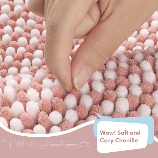 Tindbea Bathroom Rugs Set 2 Piece, Extra Soft and Absorbent Fluffy Striped Chenille Bath Mat Rug Set, Non Slip Bathroom Floor Mat, Machine Washable (20" x 32" Plus 16" x 24", Pink)