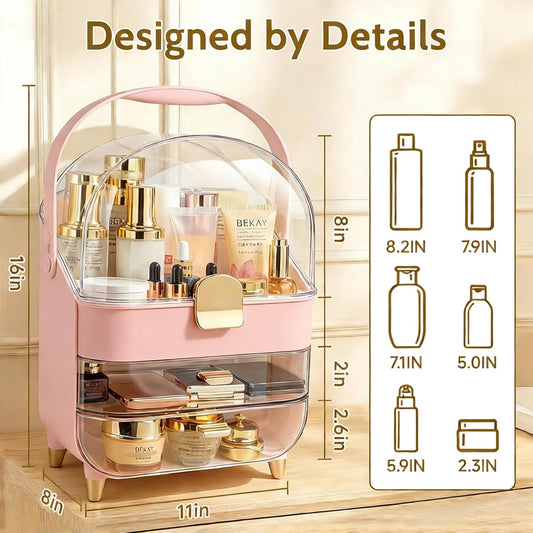 Makeup Organizer with 360 Rotating Brush Holder, Large Skincare Organizer for Vanity, Dustproof Cosmetic Display Case with 2 Drawers for Bathroom Countertop, 16" Tall Portable Beauty Storage,pink