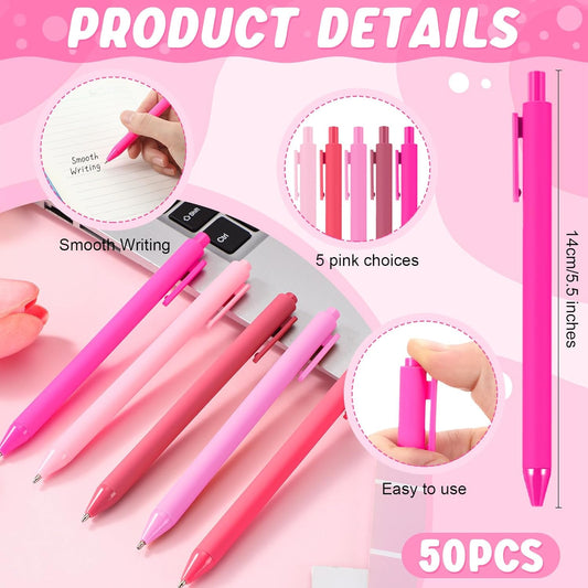 50 Pcs Ballpoint Pens Bulk Retractable Writing 1. 0 mm Black Ink Cute Pens Smooth Writing Color Fancy Gift for Teacher Student Employee Office School Home Baby Shower Supplies (Pink Series)