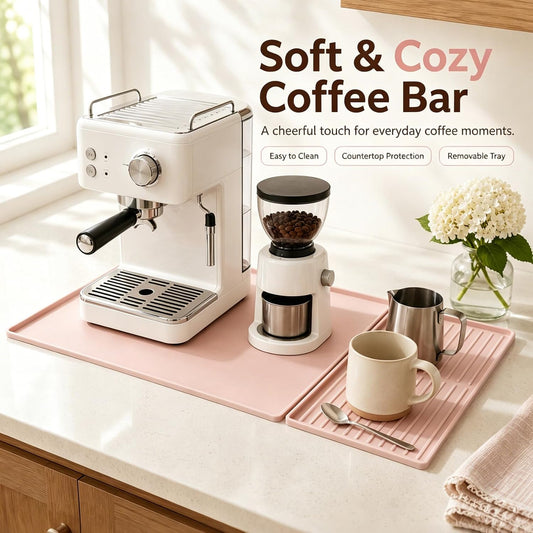 Silicone Coffee Bar Mat 24 x 16 in with Drying Tray, Soft Pink | 24 x 16 in food-grade silicone mat for home/coffee bar; removable tray, raised rim, smooth base adds grip, heat insulation