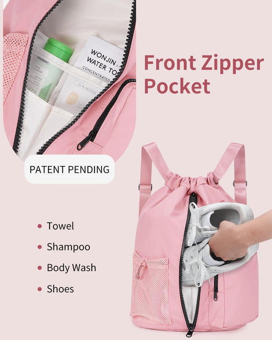 WANDF Drawstring Backpack Sports Gym Bag with Shoes Compartment, Water-Resistant String Beach Sackpack Swim Bag for Women and Men (Pink) | with Shoes Compartment