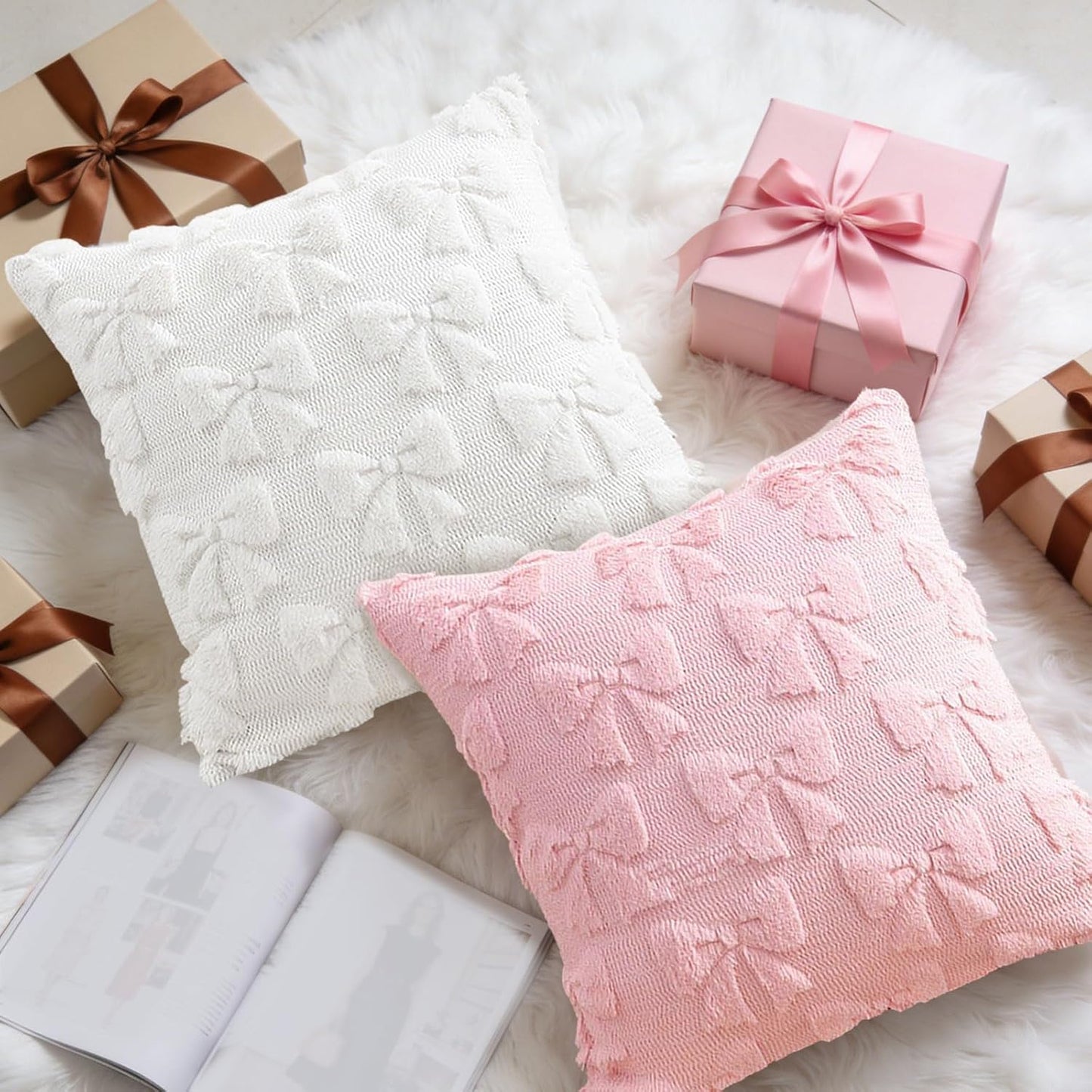 Pink Bow Throw Pillow Covers 18x18in, Pink Throw Pillow Cases Set of 4, White Bow Pillow Covers Decorations Faux Fur Soft, Bowknot Preppy Stuf Pillowcovers for Holiday Sofa Couch Home Decor