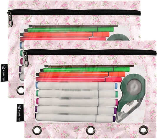 Bolaz Binder Pencil Pouch for 3 Ring Binder Pencil Case Bags Pink Small Floral with Zipper Girls Clear Window 2 Pack