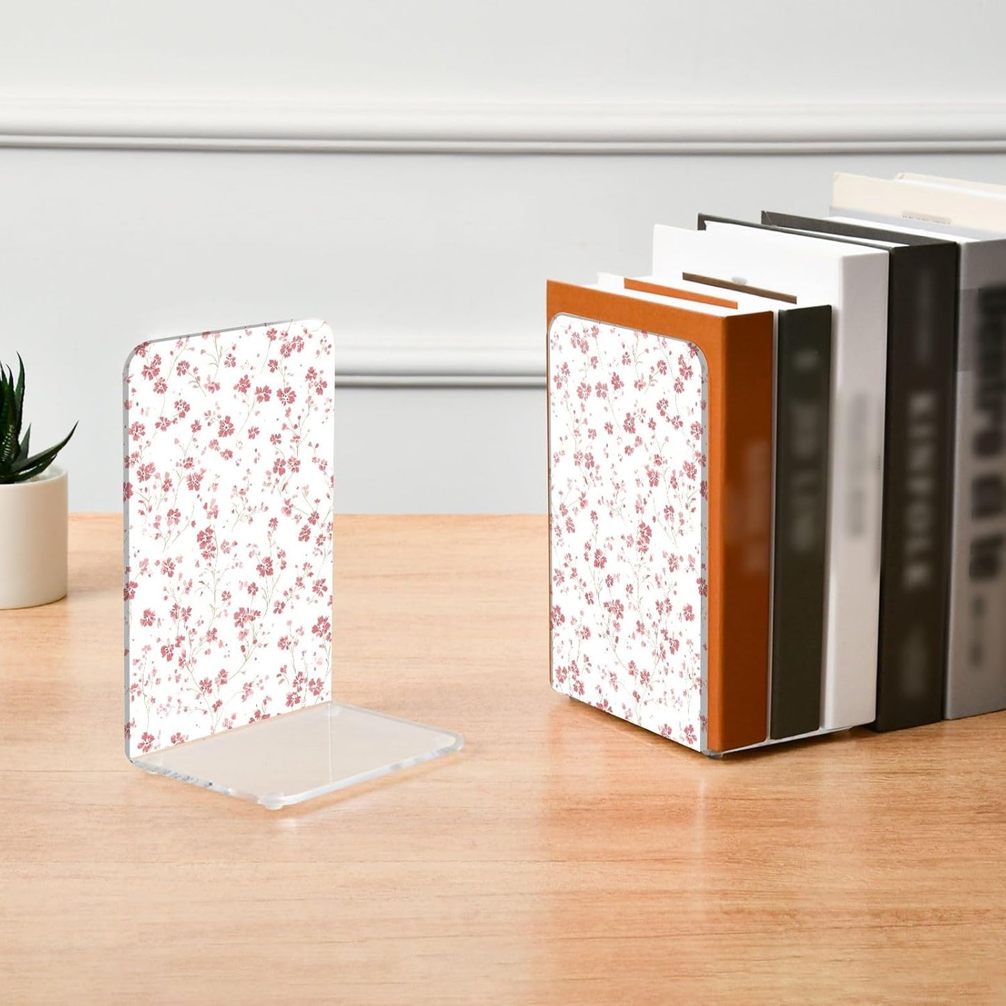 Light Pink Floral Small 2 Bookends Book Ends for Shelves Heavy Books Stopper Decorative Acrylic Non-Slip 1 Pair
