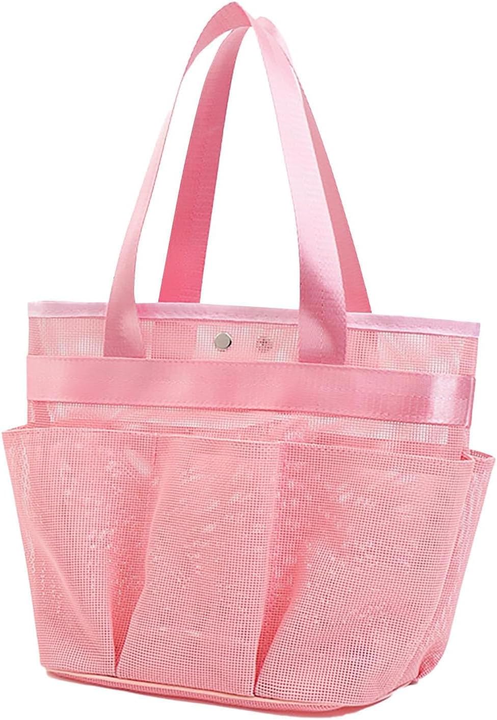 Mesh Shower Caddy, 7 Storage Pockets with 1 button, Portable Organizer for Bathroom College Travel Beach, Large Size, Pink