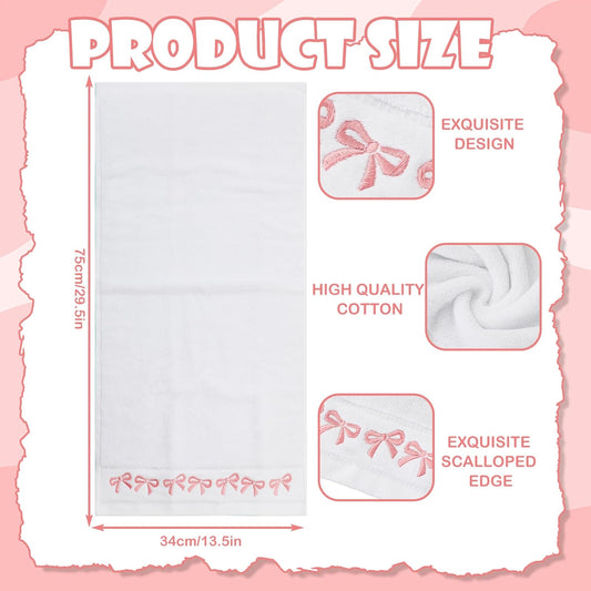 JarThenaAMCS 2 Pack White Pink Bow Hand Towels Embroidered Bowknot Absorbent Cotton Bath Towel for Bathroom Kitchen Bridal Shower Wedding Hand Drying Baking Cooking, 29.5 x 13.4 Inch