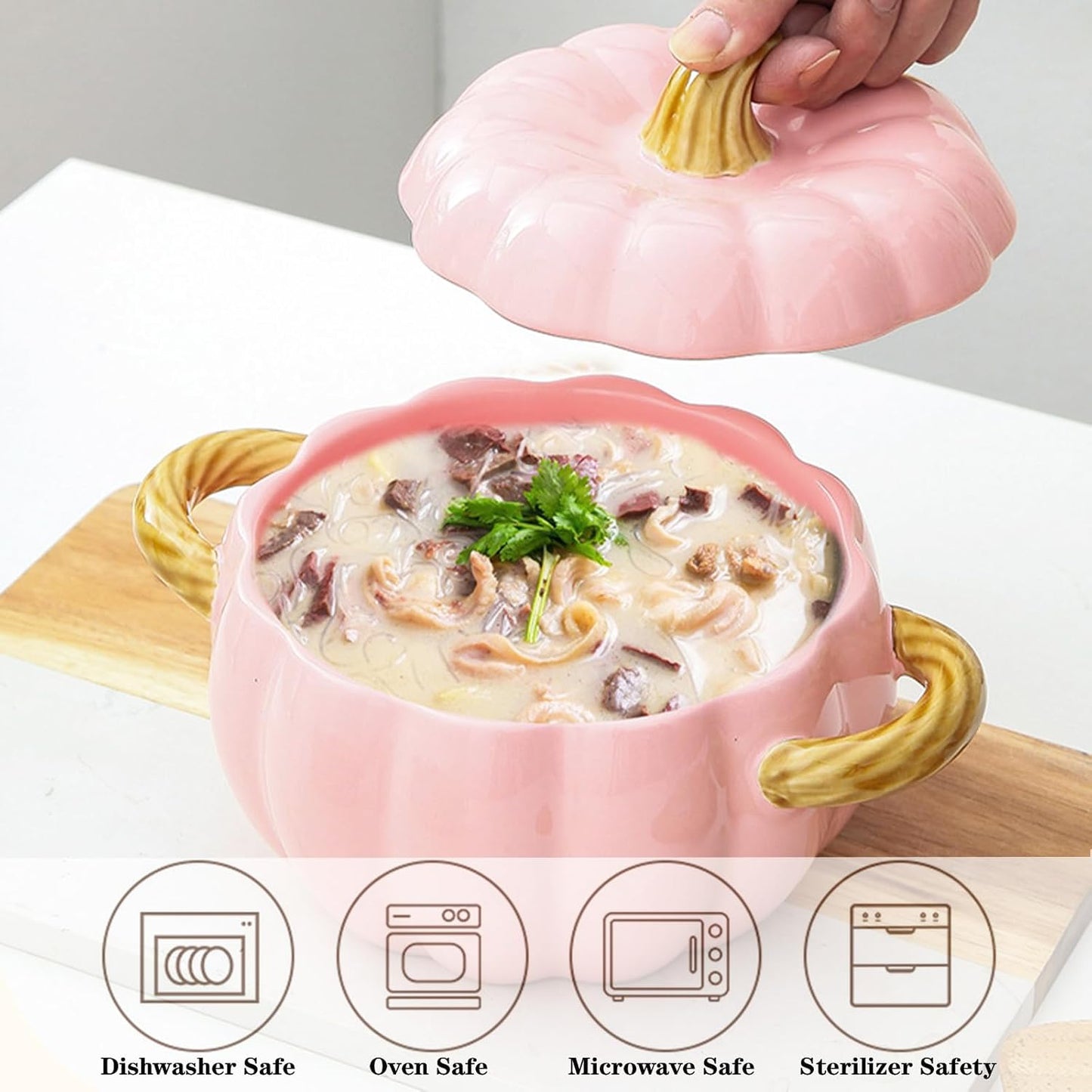 Dutch Oven Pot with Lid, Pumpkin Pottery Dessert Saucepan, Mini Baking Dish Cute Pumpkin Bowl, Covered Dutch Oven Ceramic Stockpot, Pumpkins-Shaped Casserole (Pink)