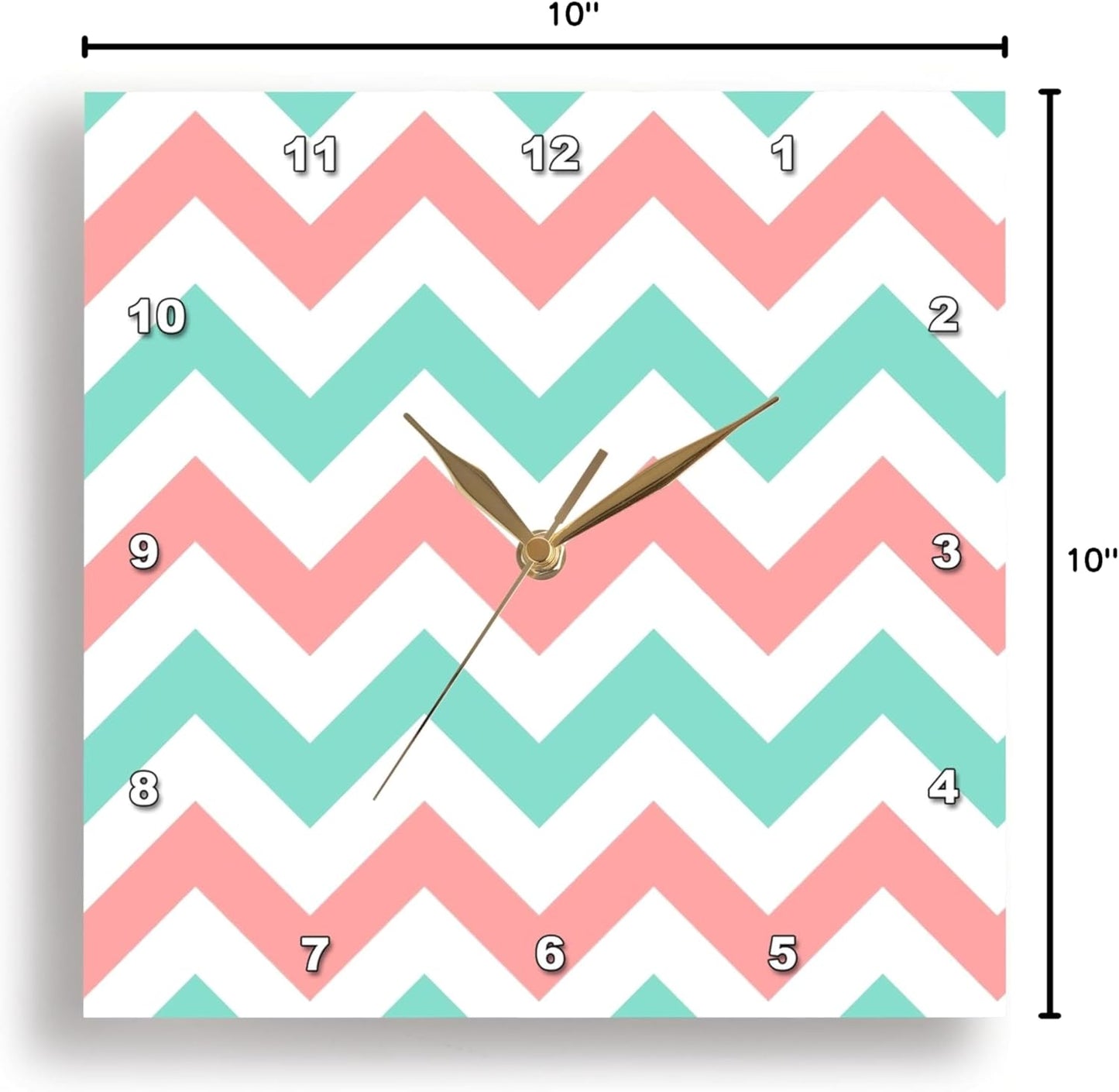 3dRose Wall Clock Silent - 10 inch - Coral Pink and Turquoise Chevron Zig zag Pattern - Teal Zigzag Stripes - Chevron Patterns