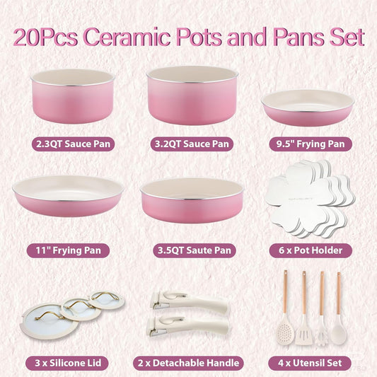 ONGIFT 20pcs Ceramic Cookware Set Nonstick, Detachable Handle Pots and Pans Set, Non Toxic,No PFAS & PTFE & PFOA, Dishwasher/Oven Safe, RV Kitchen Set Removable Handle for Cooking, Pink