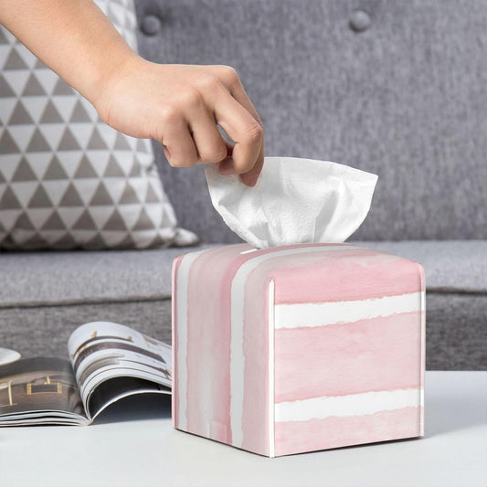 Pastel Pink Watercolor Wide Stripe Pattern Tissue Box Cover Square Pu Leather Waterproof Tissue Box Holder for Car Bathroom Bedroom Office Tabletop Decor