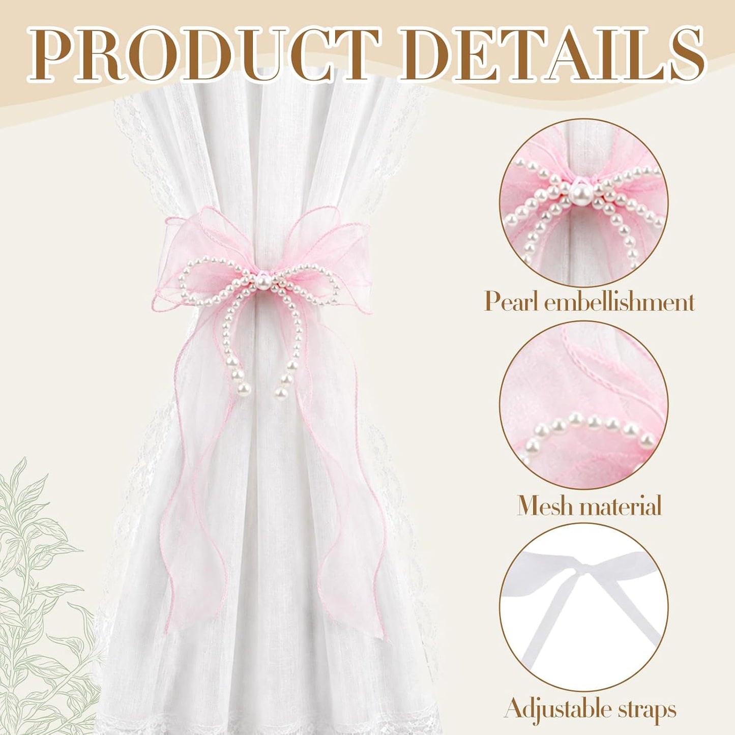 Bow Curtain Tiebacks - 2 Pcs Pink Curtain Ties with Pearls, Coquette Room Decor for Home Dining Room Living Room Bedroom Balcony, Housewarming Gift for Friends Family