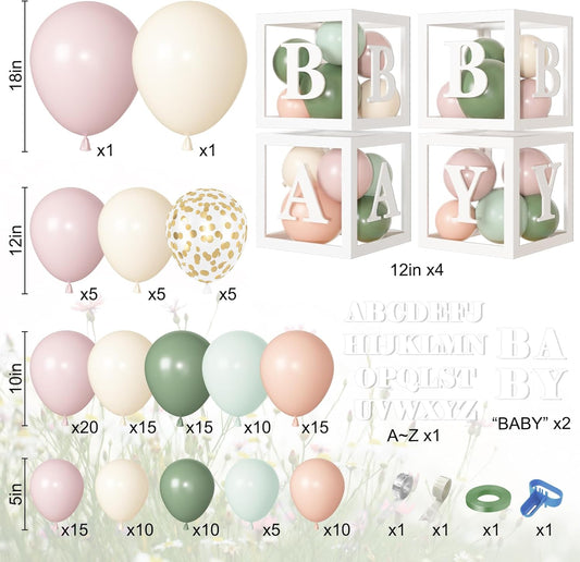 153Pcs Pink and Sage Green Balloon Baby Shower Decorations for Girl | Baby in Bloom Balloon Arch Kit Boxes with Letters for Boho Floral Baby Shower Birthday Gender Reveal Party Supplies