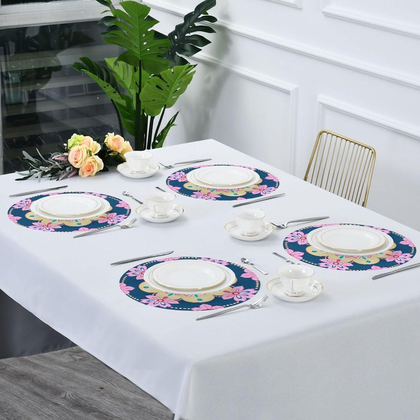 Cherry Blossom Boho Pattern Blue Peach table placemat round placemats heat resistant waterproof toddlers porta platos para mesa 15.4x15.4in set of 6