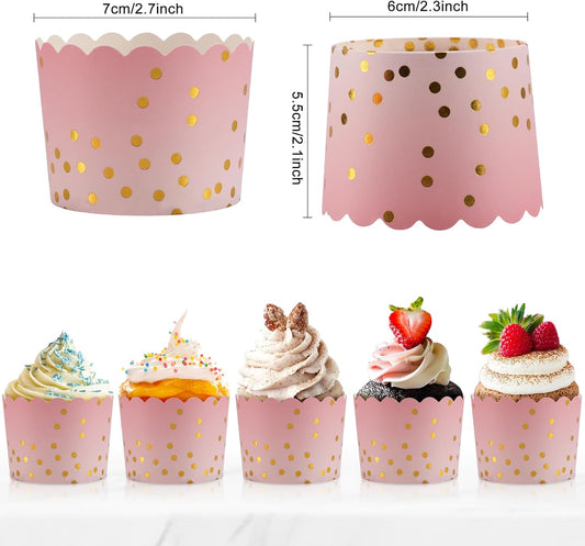 Pink Cupcake Liners for Baking, Standard Size Muffin Paper Liners with Gold Polka Dots, 50Pack Baking Cups for Baby Shower, Birthday Party, Valentines Day, Mother's Day Cupcake Liners