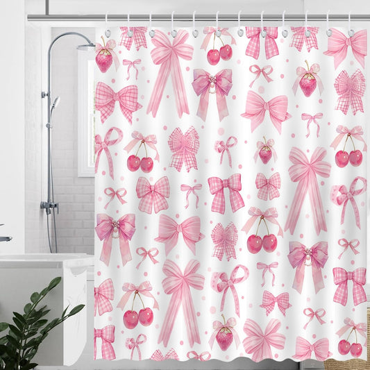 Mocsicka Pink Bow Shower Curtain Valentines Pink Bow Cherry Strawberry Bathroom Shower Curtain Cute Pink Bow Aesthetic Waterproof Fabric Shower Curtain Bathtub Decor with 12 Hooks 72 X 72 inch